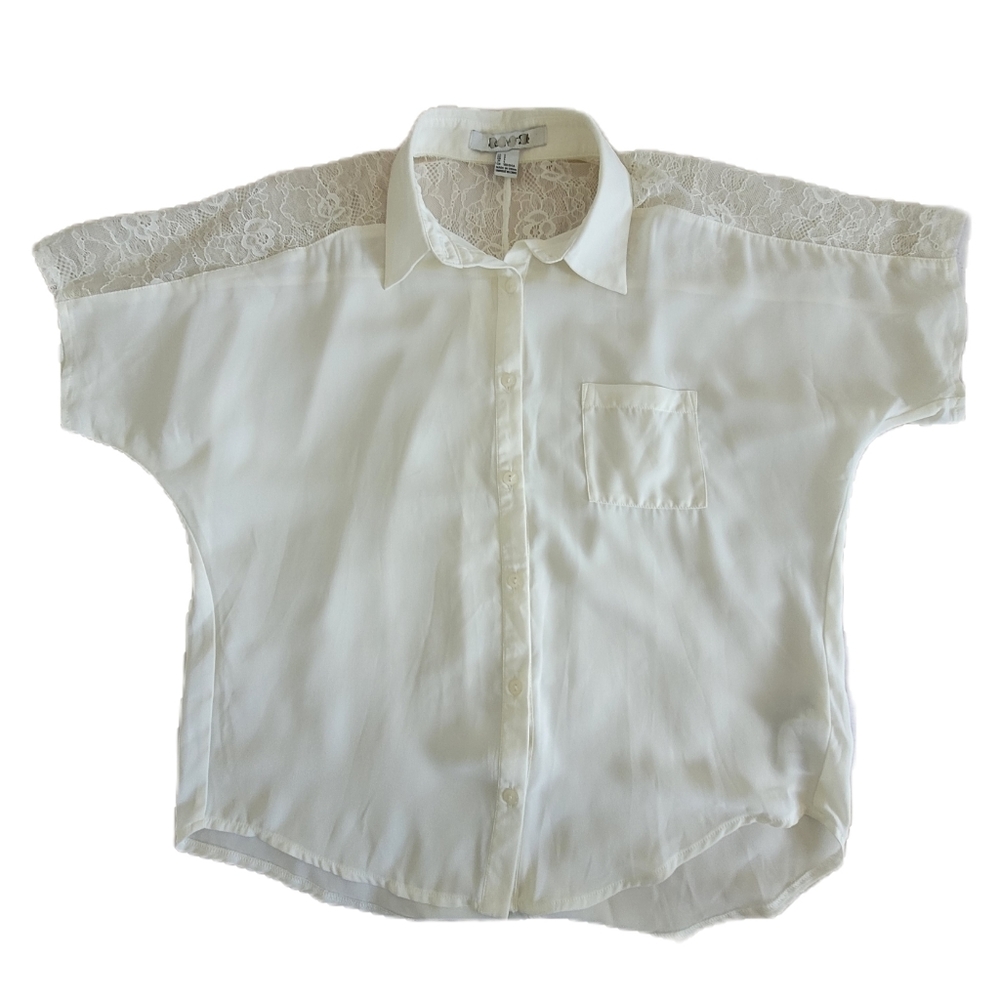 Forever 21 White Translucent Floral Lace Short Sleeve Button Down Shirt | Size S